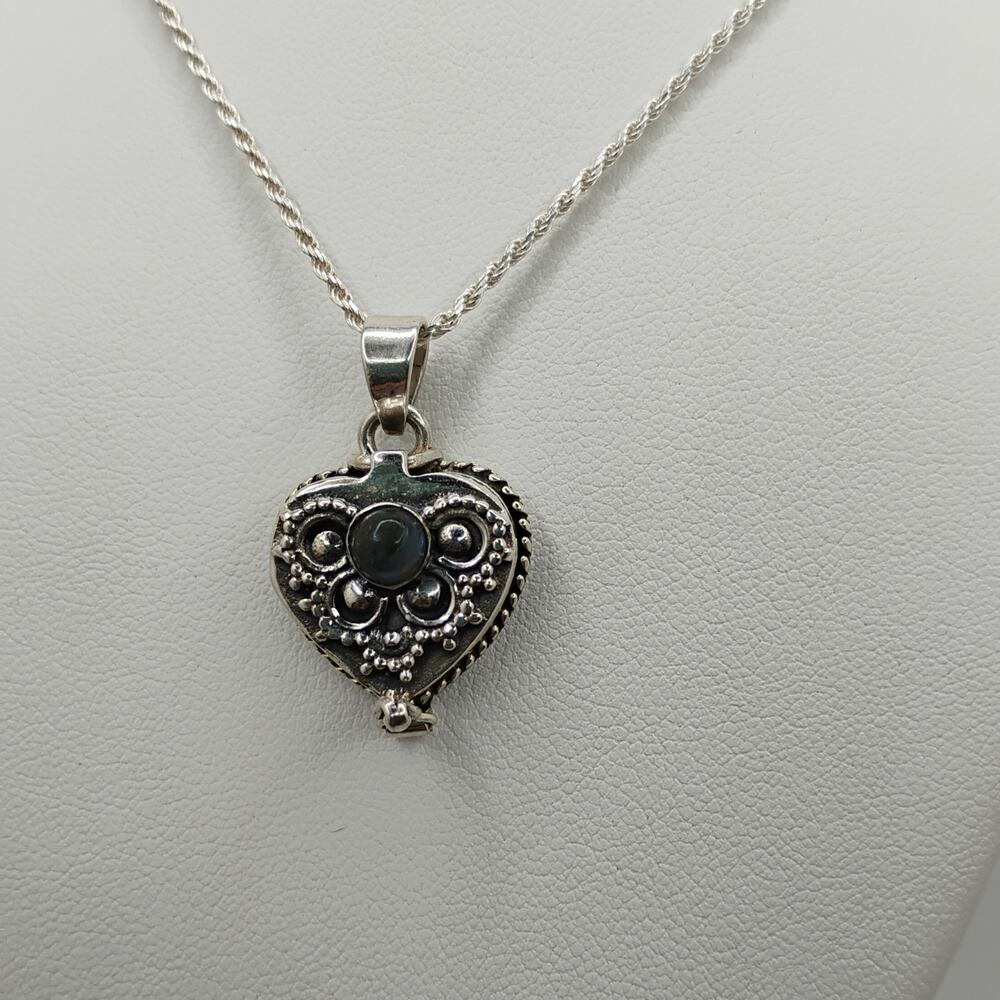 Labradorite and Sterling Silver Heart Poison Pendant on 24-in Rope Chain